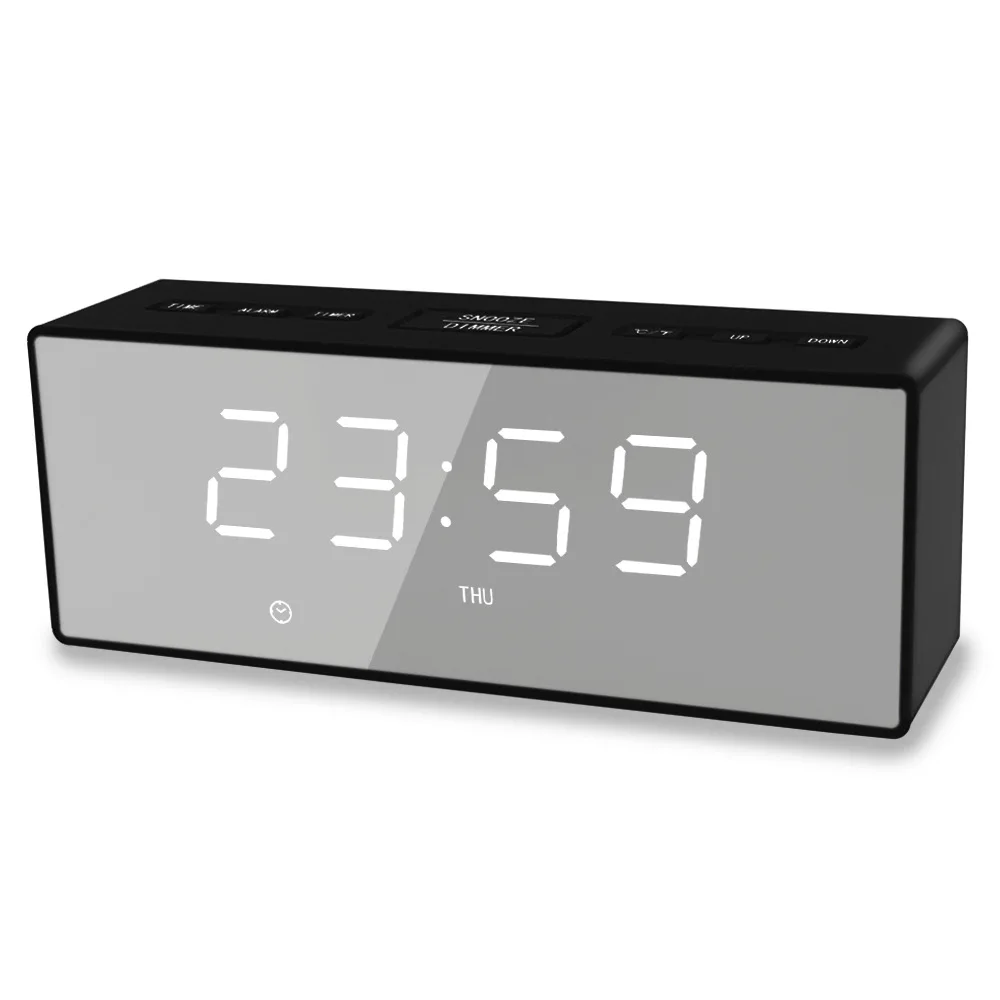 LED Mirror Alarm Clock Digital Snooze Table Clock Wake Up Light Electronic Large Time Temperature Display Home Decoration Clock - Color: HM2755