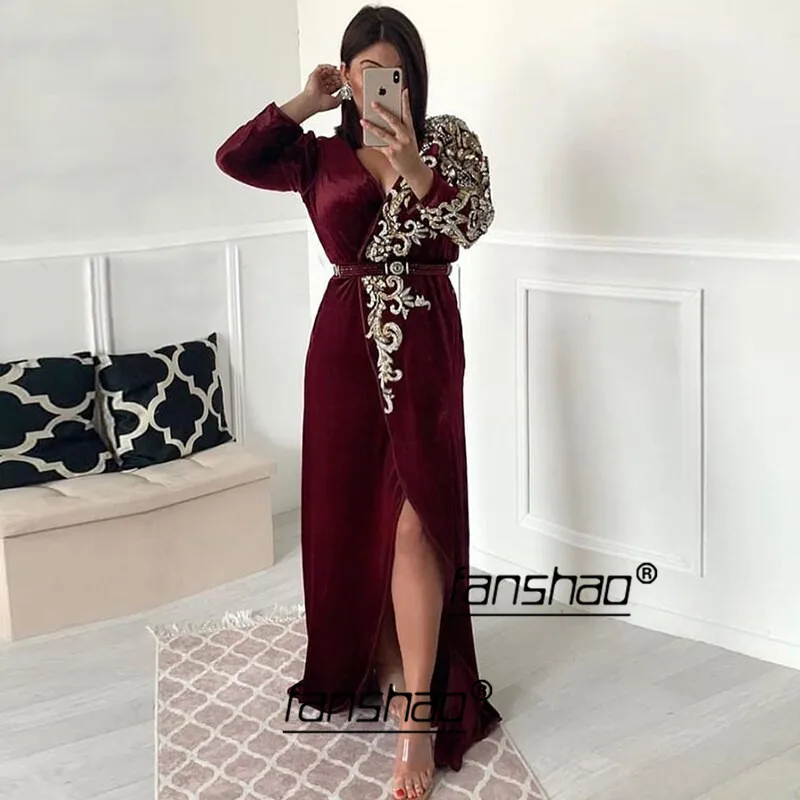 

Burgunday Velour Evening Dresses Appliques Slit Full Sleeves Formal Dubai Saudi Arabic Evening Gown Prom Dress vestidos
