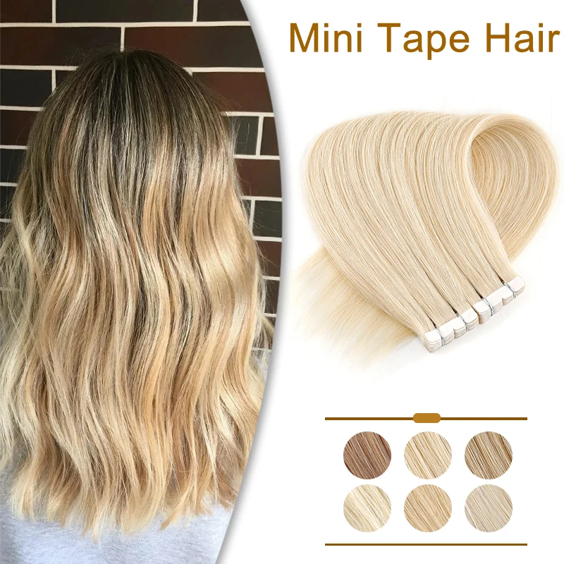 ZURIA-Mini cinta de cabello humano, extensiones de cabello humano Invisible, adhesivo de trama de piel no Remy, cabello Real de 12 , 14, 16 y 20 100%