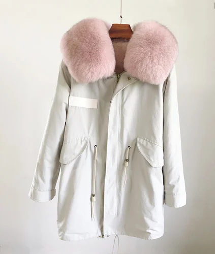 Натуральная съемная подкладка из кроличьего меха женская зимняя куртка женская новая Корейская Большая Меховая куртка с воротником негабаритная парка пальто - Цвет: Beige Pink