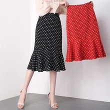 Сезон: весна–лето модные женские, с высокой талией с оборками, в мелкий горошек, черный, Красный Юбка-годе, корейский Офисные женские туфли 4xl шифоновое, платье-русалка юбки