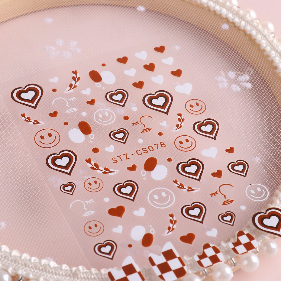 Coffee Pull Flower Heart Nail Stickers Brown Abstract Face Smile Leaf Checkerboard Slider French Tips 3D Manicure NLSTZ-CS078 nail stickers nail art decoration nail decals flower stickers