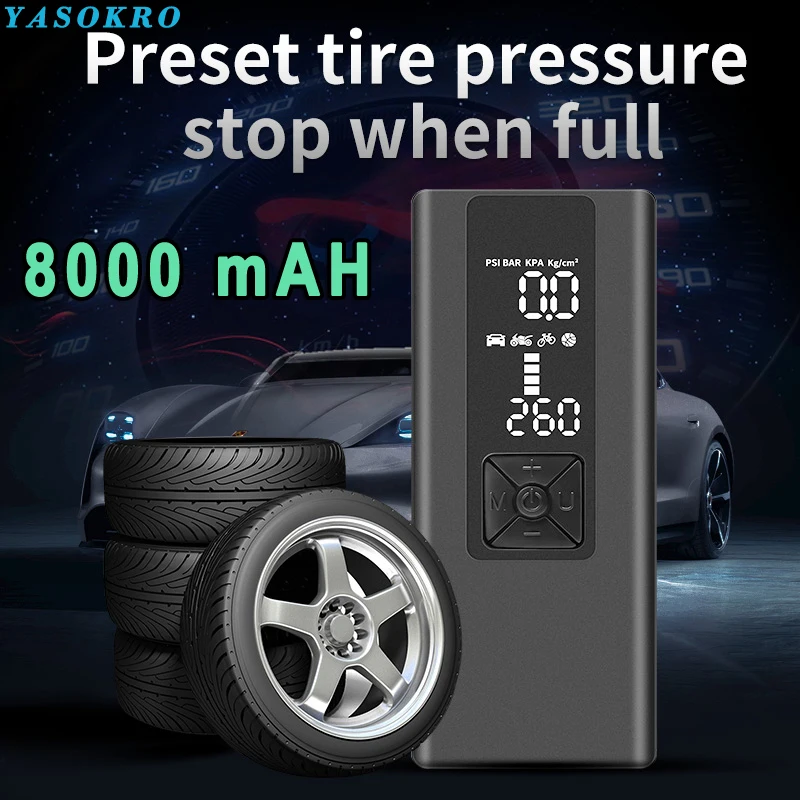 Gonfleur de pneu, pompe à pneu de voiture sans fil avec batterie  rechargeable au lithium-ion, adaptateur d'alimentation de voiture