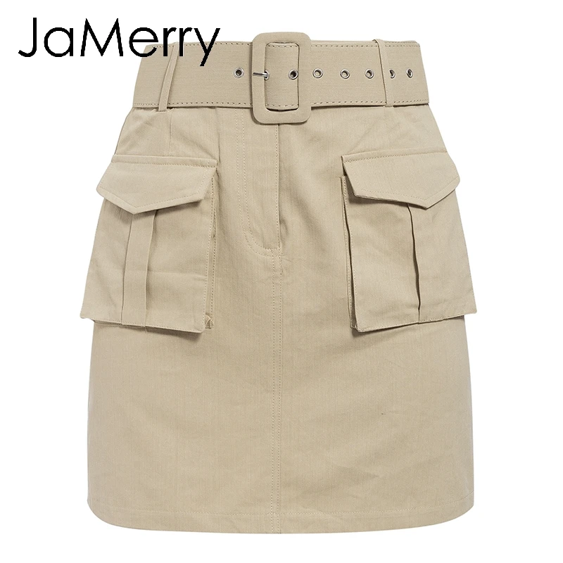 Хаки JaMerry винтажная женская короткая мини-юбка из хлопка с поясом, модная Осенняя Женская юбка трапециевидной формы с карманами, юбка с высокой талией для вечеринок - Цвет: Хаки