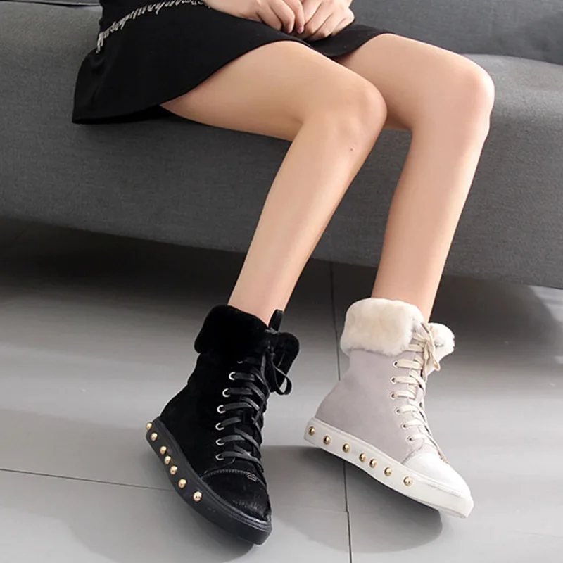 

SWONCO Leather Winter Boots Women Punk Rivet Sneakers High Top Shoes White/black Winter 2019 Female Snow Boots Ankle Plush Fur