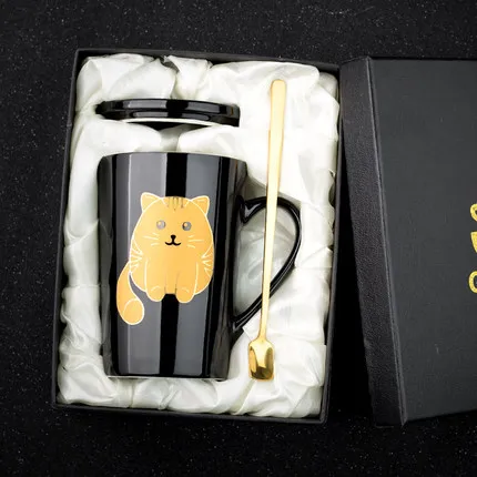 Милые кошки керамика кружки с ложкой крышкой кофе кружка молоко чай офисные чашки Посуда для напитков лучший подарок на день рождения - Цвет: With Gift Box 1