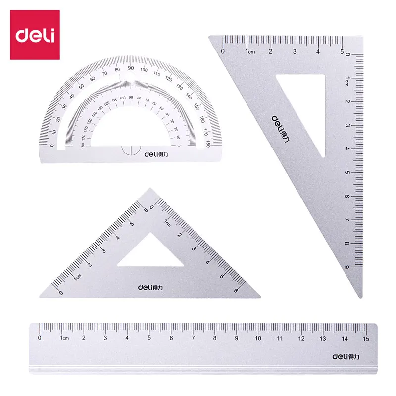 Deli Metal Matte Student Drawing Test Set Ruler (bar + Triangle * 2 Protractor) of 4 pcs 79516 | Канцтовары для офиса и дома