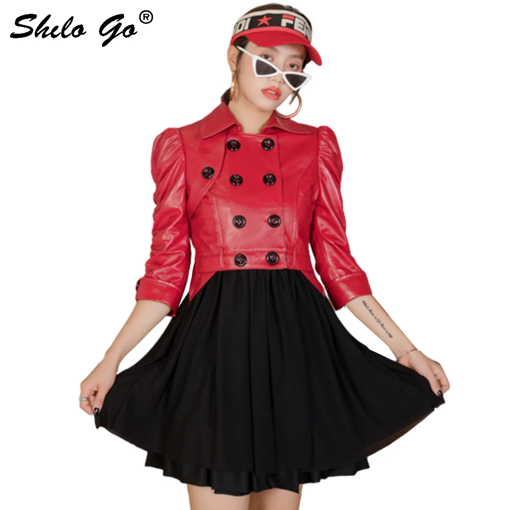 Genuine Leather Trench Elegant Peter Pan Collar Double Breasted Pleated Hem Sheepskin Coat Women Office Lady A Line Outwear