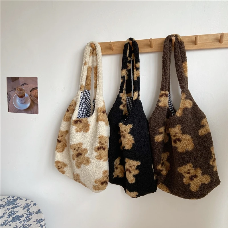 

Women Lamb Like Fabric Shoulder Tote Bag Canvas Fluffy Fur Bear Handbags Large Capacity Soft Shopping Bags Girls Cute School Bag