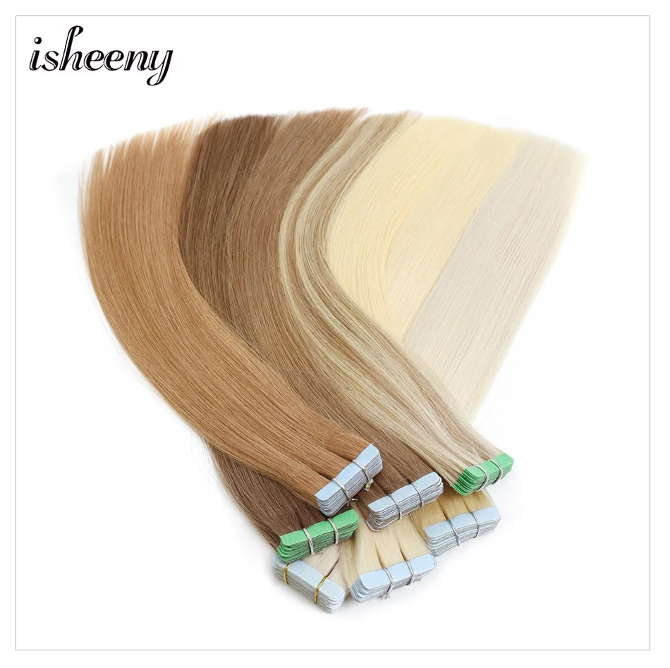 Isheeny 16 дюймов бесшовные волосы Remy на ленте для наращивания блонд невидимые волосы на ленте прямые волосы салон стиль 20 шт