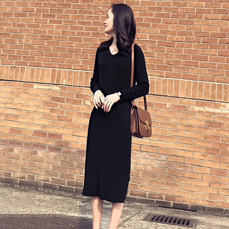

Fashion Split Knee-Length Dress 2020 Ins Casual V-neck Women Knit Dress Autumn Long-sleeved Dress