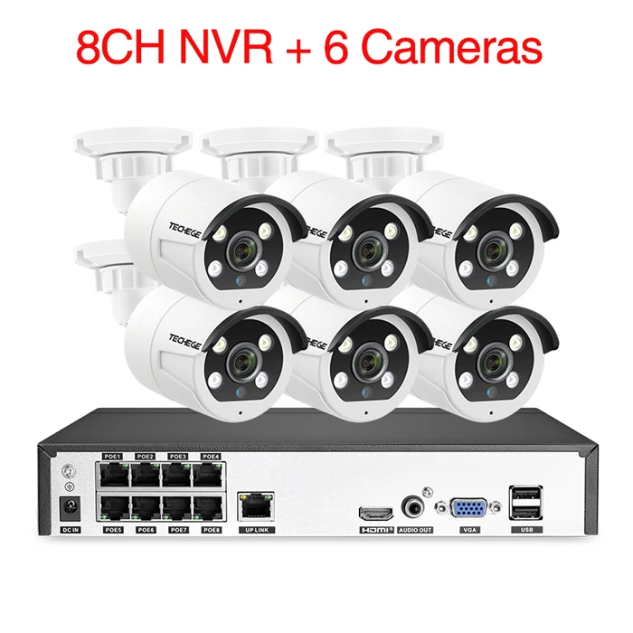 8CH NVR (6Cameras) Techege 8CH 2MP POE AI камера s система двусторонней аудио обнаружения человека Металл водонепроницаемый открытый видео камера CCTV камера система - Цвет: 8CH NVR (6Cameras)