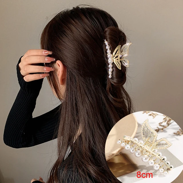 AWAYTR Rhinestone Metal Hair Claw Crab Clip For Women Girls Shiny Barrette Hairpin Crystal Pearl Hair Accessories Jewelry Gift 09c 8cm