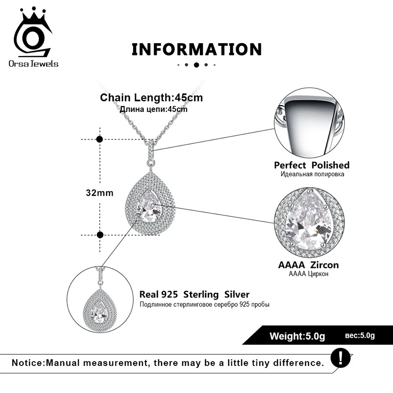 ORSA JEWELS Аутентичное Стерлинговое серебро подвеска в виде капли воды ожерелье прозрачный мелкий Циркон Свадебная вечеринка очаровательные изысканные ювелирные изделия SN199