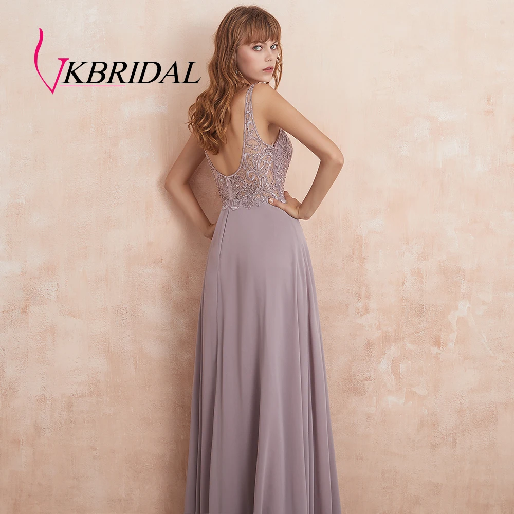 VKbridal майка Иллюзия шеи шифон выпускного вечера свадебные праздничные платья с кристаллами спинки ТРАПЕЦИЕВИДНОЕ кружевное платье подружки невесты длинное