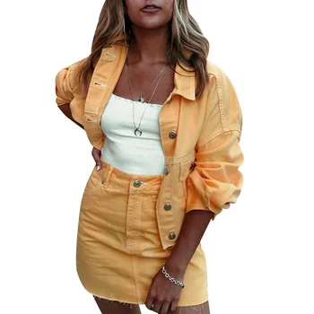 

Two Piece Set Women Clothes Autumn Corduroy Jackets+Bodycon Mini Skirts Pocket Button Matching Set Elegant Yellow OL Outfits Q30