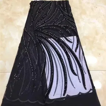 

NEW High Quality 2019 Tulle sequins Beaded French Nigerian Lace Fabrics Pearls Embroidered Guipure African 3d Lace Fabric Black