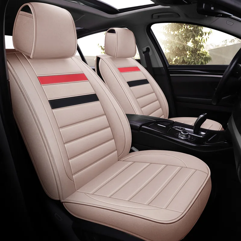 Beige Standard Передняя+ задняя) Универсальная льняная и кожаная крышка сиденья автомобиля полный комплект сиденье для салона автомобиля подголовник поясничная Подушка автомобильный стиль аксессуары - Название цвета: Beige Standard