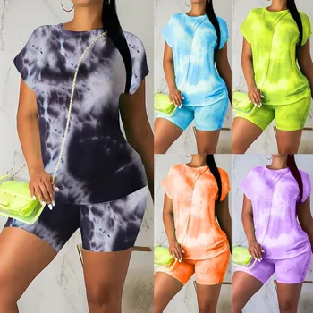 

Fashion Women Summer Lady Split 2 Piece Sports Suit Set Casual Tie-Dyed Suit Plus Size S-2XL Pajama Sets пижама женская 2020