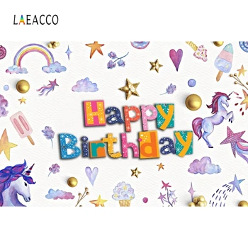

Laeacco Baby Birthday Photocall Rainbow Clouds Unicorn Ice Cream Stars Photography Background Baby Shower Newborn Photo Backdrop