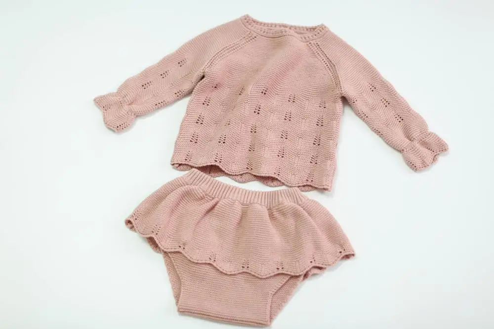 Вязаная одежда для малышей г. Весенняя одежда для новорожденных девочек комплект одежды принцессы с оборками для маленьких девочек, Детский свитер и штаны, 2 предмета - Цвет: Розовый