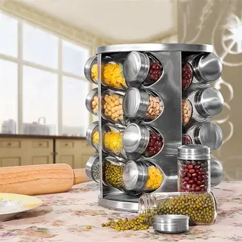 

16Pcs/Set Stainless Steel Glass Seasoning Bottle Rack Kit Revolving Spice Rack Bottle Set Large Capacity Seasoning Jars Holder