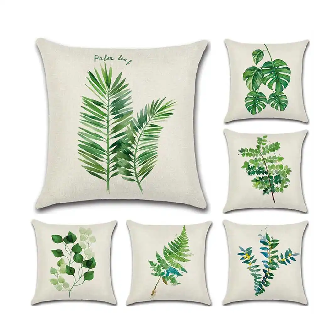 

Tropical Plants Palm Leaf Green Leaves Cushion Covers Hibiscus Flower Cushion Cover Decorative Beige Linen Pillow Case