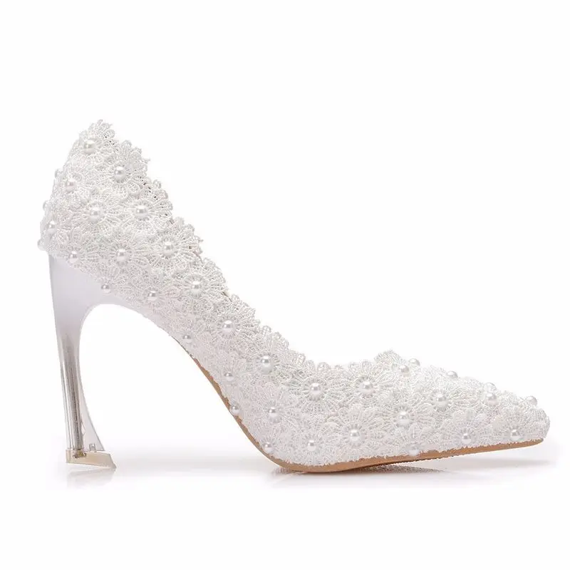 Fashion women thin high heels sexy party shoes women pumps wedding banquet Lace PU Rhinestones Slip On 9.5CM Pointed Toe white