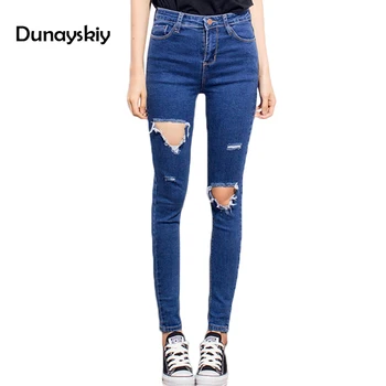

Spring 2020 New holes ripped jeans Women jeggings cool denim high waist pants Slim Female skinny black casual denim trousers