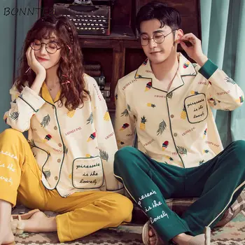 

Pajama Sets Men Lovers Spring Autumn Cartoon Printed Nightgown Knitted Long-Sleeved Couple Mens Down Collar Sleepwear Male Soft