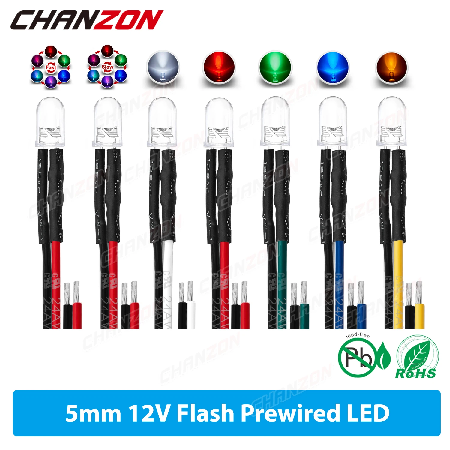 20Pcs 12V 5Mm Led Diode Flash Bianco Rosso Verde Blu Giallo Rgb Veloce Lento Lampeggiante Sfarfallio Precablato Indicatore Luminoso