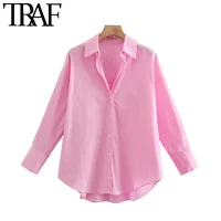 TRAF Women Fashion Loose Asymmetry Poplin Blouses Vintage Long Sleeve Button-up Female Shirts Blusas Chic Tops 2