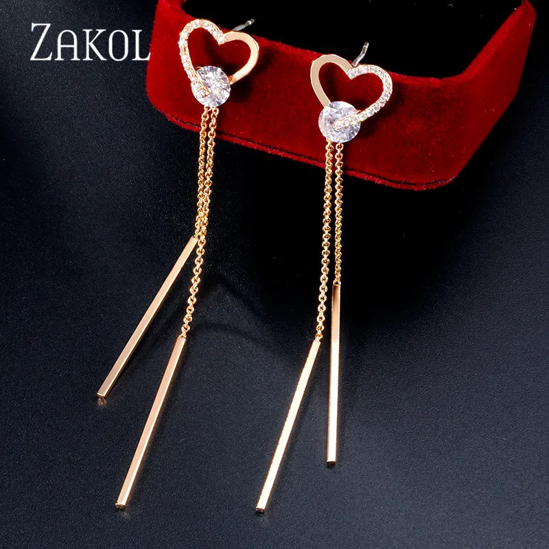 Heart Rose ZAKOL длинные кисточки прозрачный кристалл любовь сердце сладкий Висячие серьги для женщин Свадьба Ужин подарок на день рождения ювелирные изделия FAEP079 - Окраска металла: Heart Rose