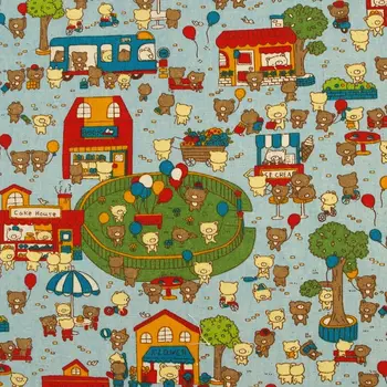 

1 yard Cotton Linen Fabric for sewing pathwork, bedding, hadmaking, Cute Little Bears on blue background (width=140cm)