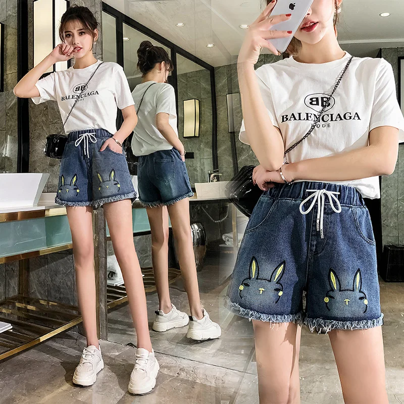 

embroidered tightly waisted Women Summer Cotton Denim Shorts 2019 Loose Large Type casual female waist Rabbit embroidered Jeans