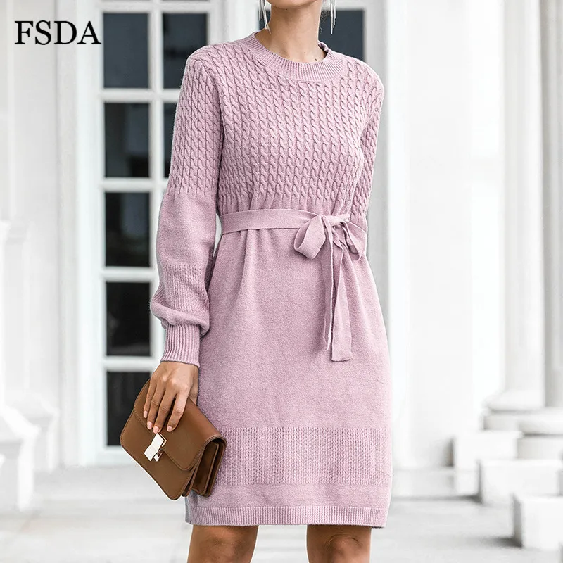 FSDA вязаный свитер с О-образным вырезом и поясом, повседневное осенне-зимнее мини теплое элегантное платье с длинным рукавом черного и розового цвета