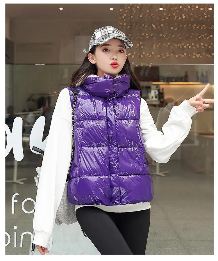 Female Winter Stand Collar Vest Jacket Women Waistcoat Autumn Shiny Parka Womens Thicken Lady Short Waterproof Vests Coat - Цвет: Фиолетовый