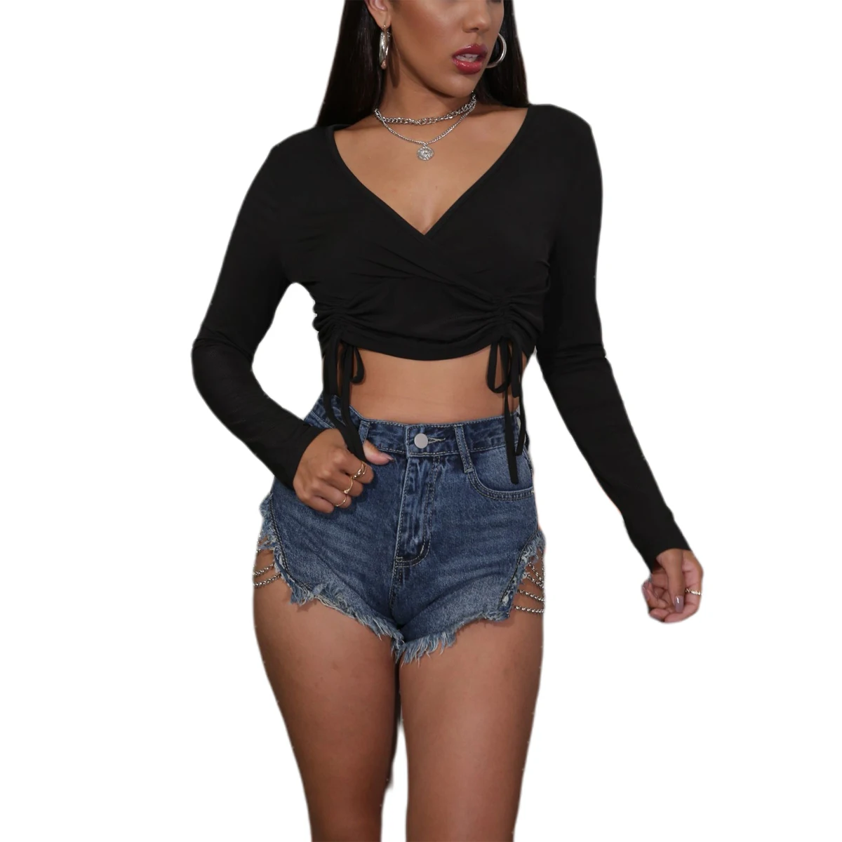 

Women Sexy Long Sleeve V-neck Top Blouse Fashion Long Sleeve Lace-up Solid Color Crop Top for Women Ladies