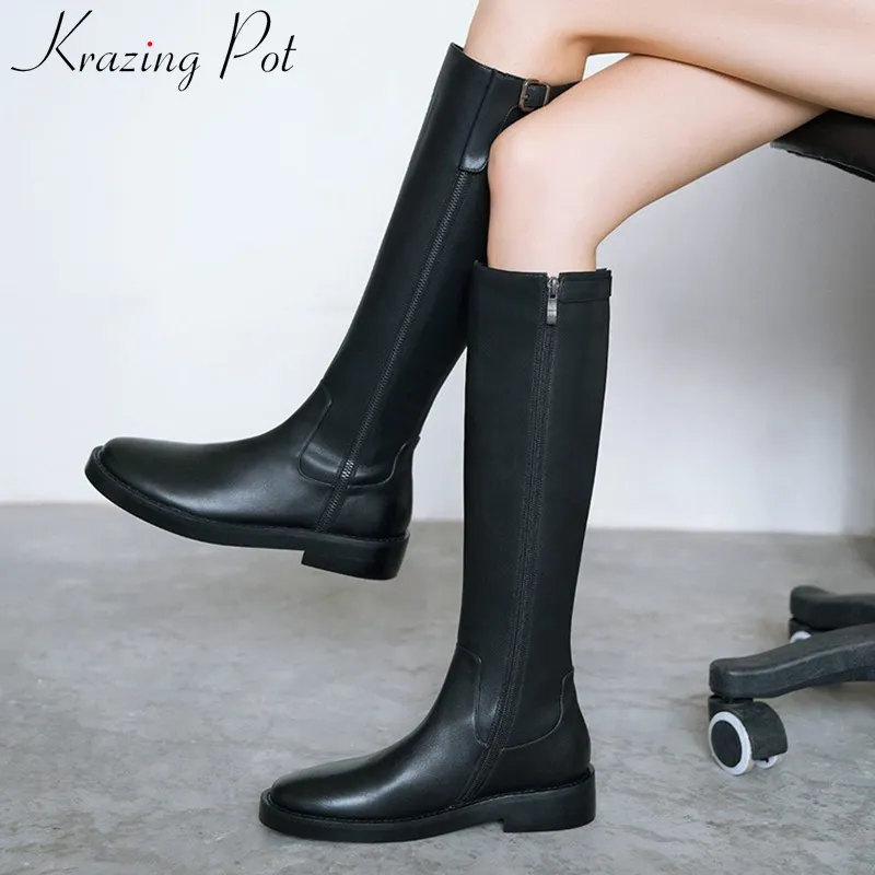

Krazing Pot brand simple fashion cow leather classic knight boots round toe med heels comfortable keep warm knee-high boots L31