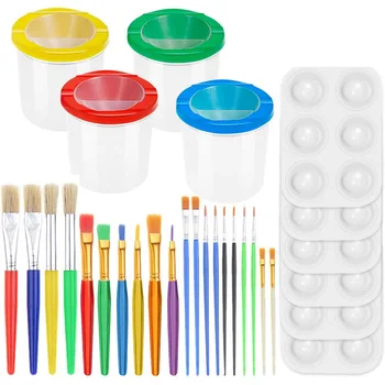 

30 Pcs Paint Cups with Lids Paint Cups with Paint Brushes and Paint Tray Palettes Cups for Watercolor Art Class