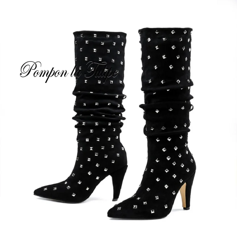 

ZZ 941113 Fancy Catwalk Pointed Toe Rhinestone Suede Sheepskin 8CM High Heel Stilettos Rivet Fashion Women Boots Women Shoes