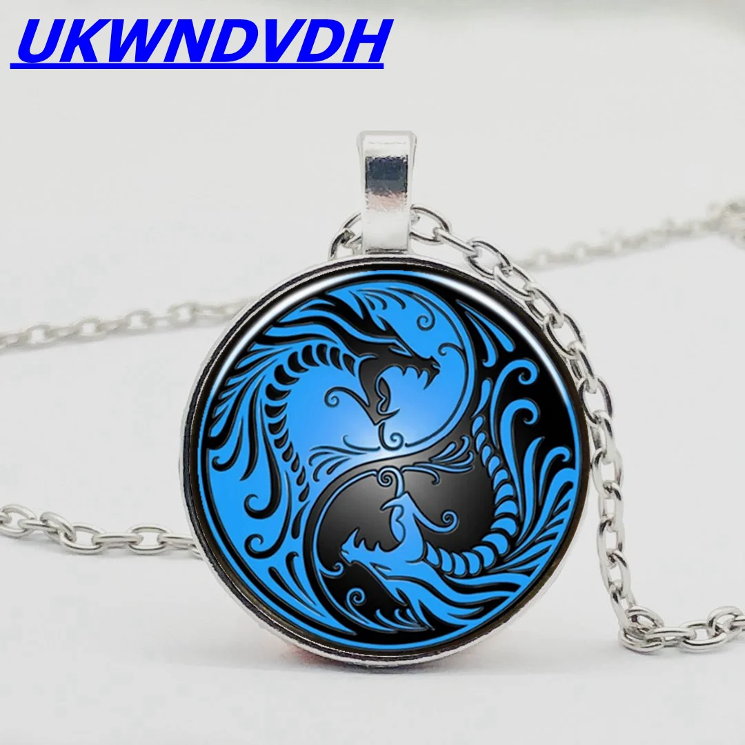 

2019 new blue dragon and phoenix Chengxiang yin and yang Taiji bump glass pendant necklace retro style men and women necklace