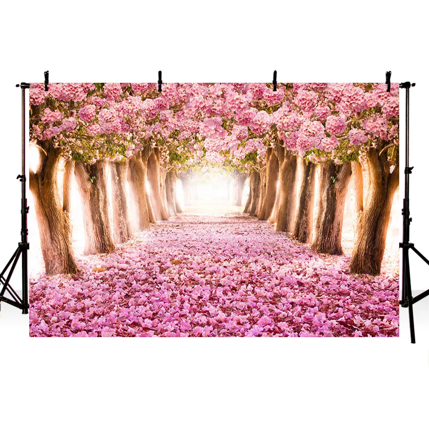 

Mehofond Cherry Blossoms Backdrops Pink Forest Flower Road Girls Birthday Party Photography Backgrounds for Photo Studio Drops