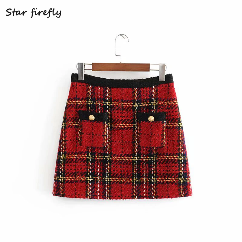 Star firefly модная женская юбка Za, Повседневная тонкая красная Клетчатая Шерстяная мини-юбка с высокой талией и карманом для женщин