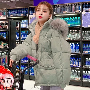 

fur collar solid long parka women hooded stand colar loose female cotton padded jackets outwear 2020 winter thick warm cotas