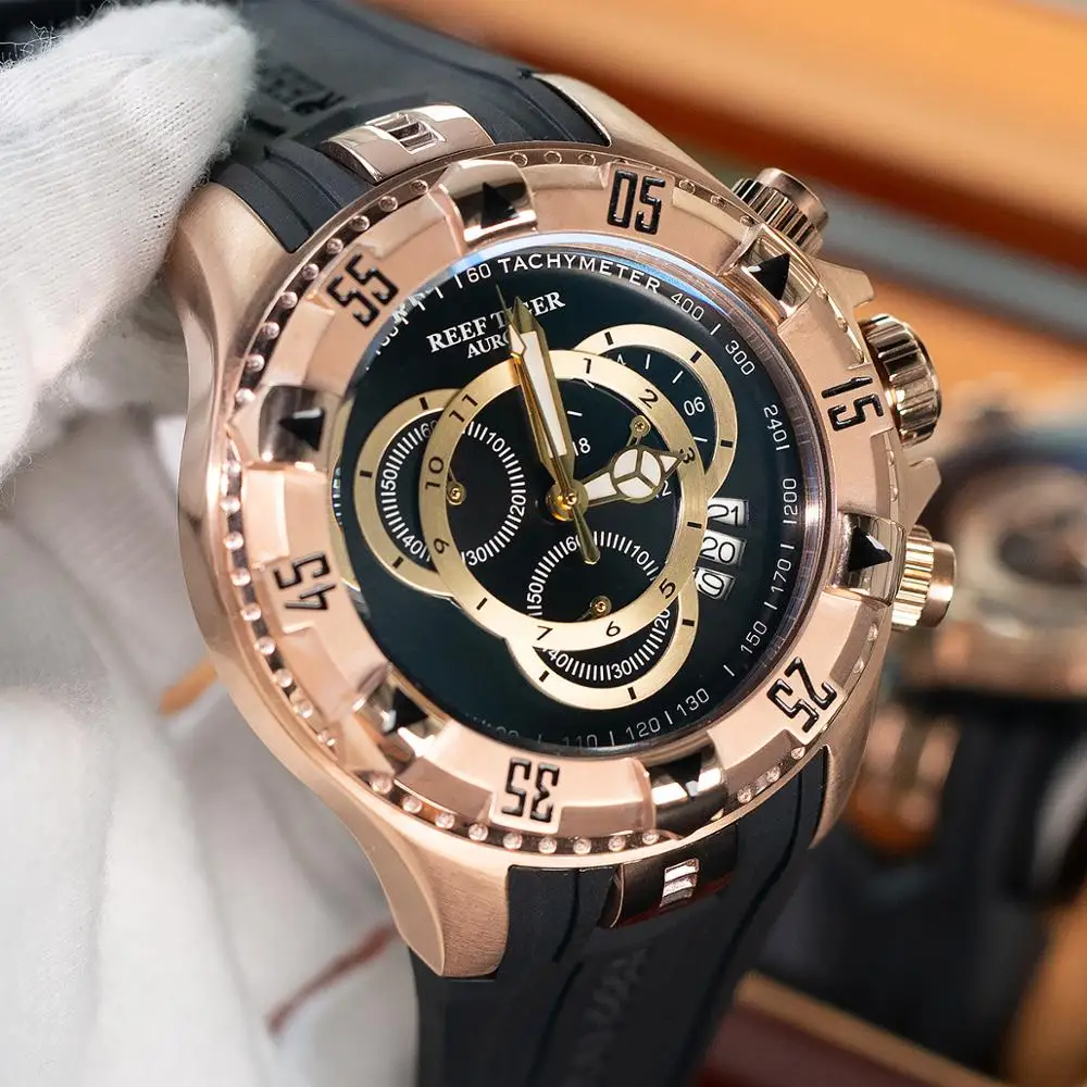 Мужские спортивные водонепроницаемые часы Reef Tiger/RT стальные с хронографом и