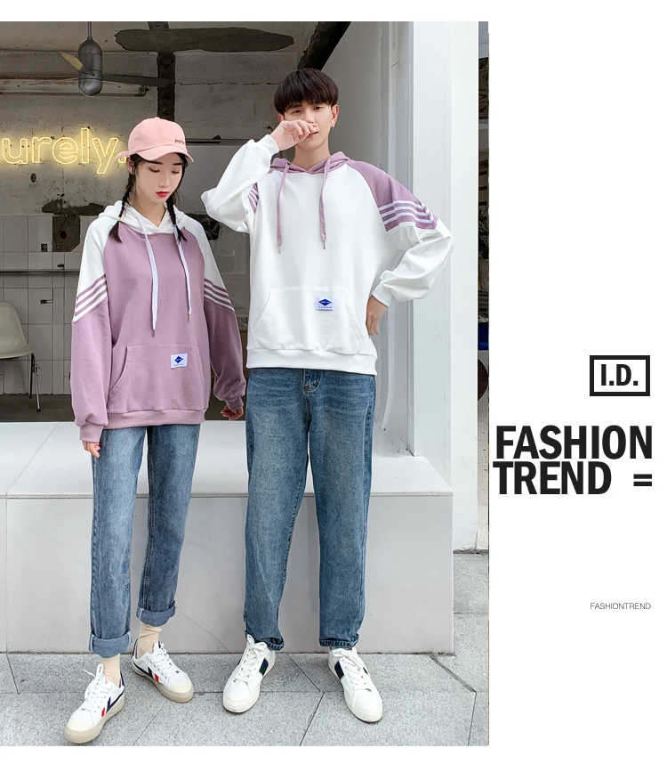 Winter Hoodies Sweatshirts Matching Couple Clothes Lovers Valentine's Day Striped Cute Purple Long Sleeve Hooded Hoodies 1910