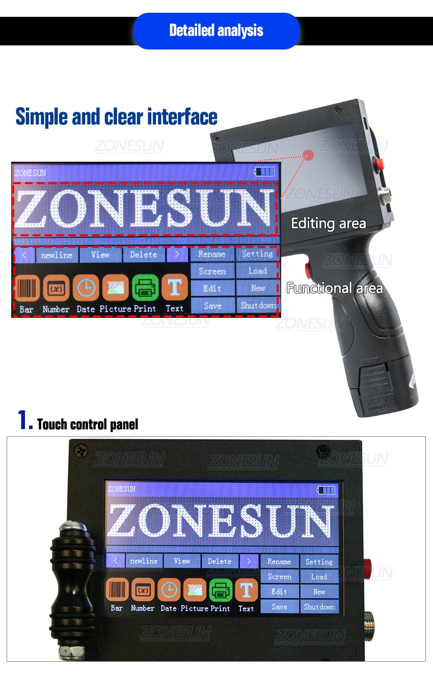 ZONESUN сенсорный экран ручной Интеллектуальный USB QR 360 градусов струйный принтер кодировочная машина для коробки резиновый металлический срок годности