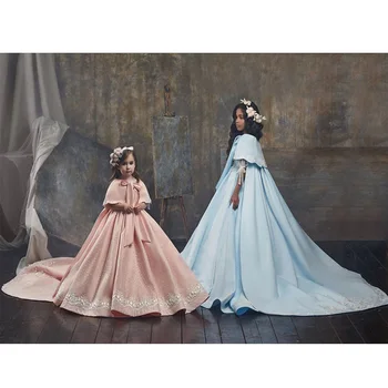 

A Line Girls Princess Formal Prom Party Dress with Cape Beading Round Neck Half Sleeves Flower Girls Dress for Wedding