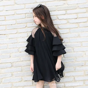 

Big Girls Dress Concert Christmas Black Dress Stylish Party Ceremony Chiffon Dress for Junior Students Girl 12 13 14 15 years